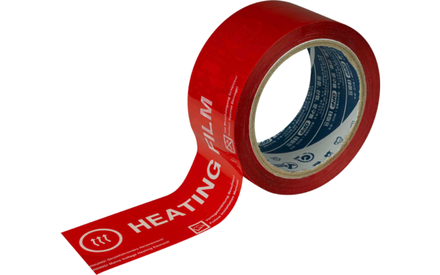 Rote Klebebandrolle, teilweise abgewickelt, weiße Aufschrift HEATING FILM und Symbole, blauer Pappkern sichtbar, weißer Hintergrund