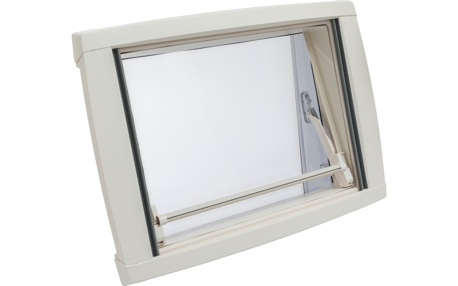 Weißer geöffneter Fensterflügel mit Griff und Stabhalterung