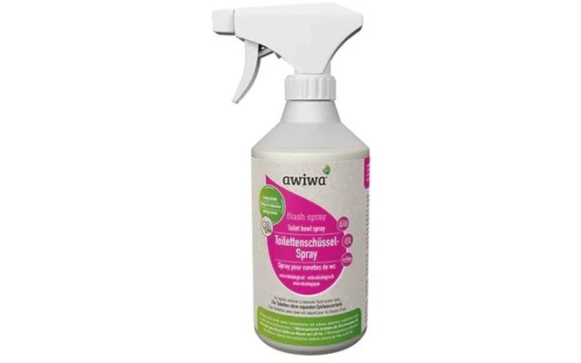 White spray bottle with trigger, label in white/green/pink, brand name 'awiwa' and visible text 'Toilettenschüssel-Spray'