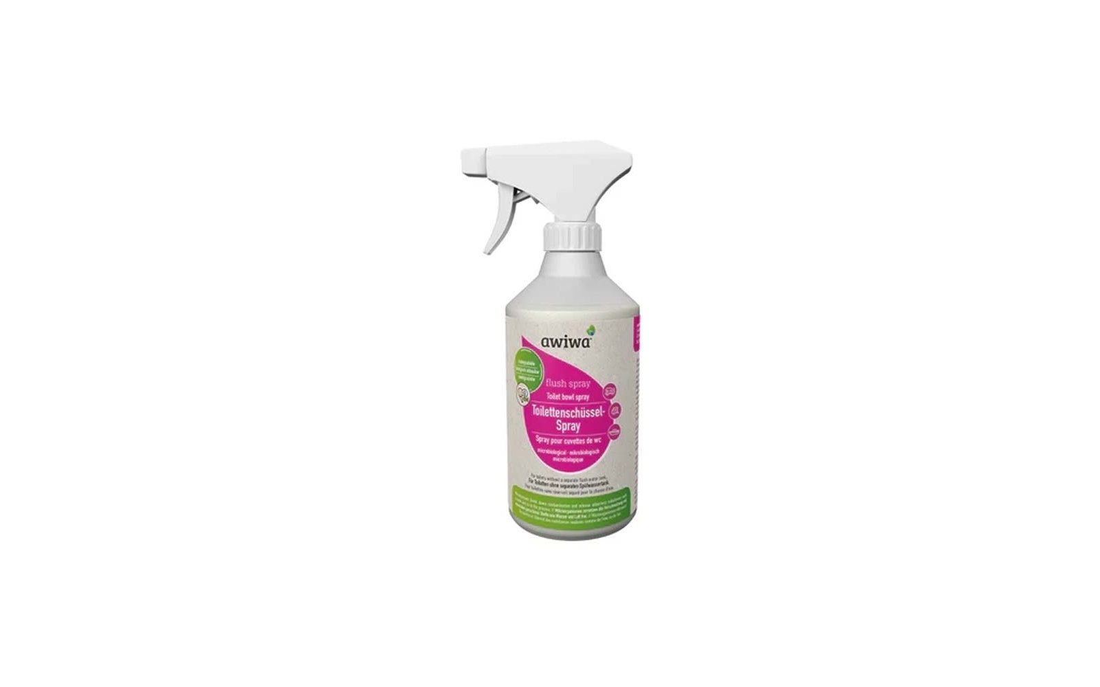 White spray bottle with trigger, label in white/green/pink, brand name 'awiwa' and visible text 'Toilettenschüssel-Spray'
