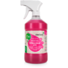 Botella pulverizadora rosa de plástico con cabezal blanco; etiqueta con la marca 'awiwa' y el texto 'flush spray / spray para taza de inodoro'