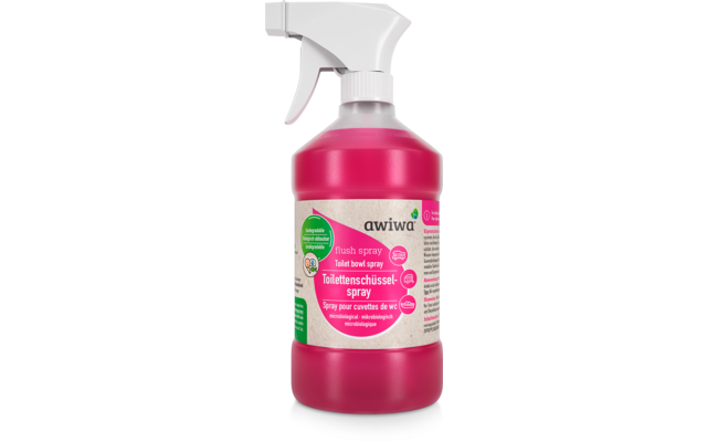 Botella pulverizadora rosa de plástico con cabezal blanco; etiqueta con la marca 'awiwa' y el texto 'flush spray / spray para taza de inodoro'