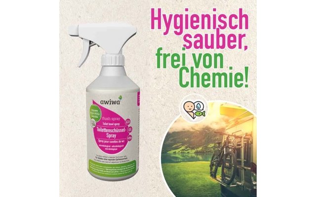 Weiße Sprühflasche mit pink-grünem Etikett und Markenname 'awiwa' links; großer Schriftzug 'Hygienisch sauber, frei von Chemie!' oben rechts; rundes Foto mit Fahrrädern in sonniger Landschaft und kleines rundes Icon mit lächelndem Gesicht; beiger str