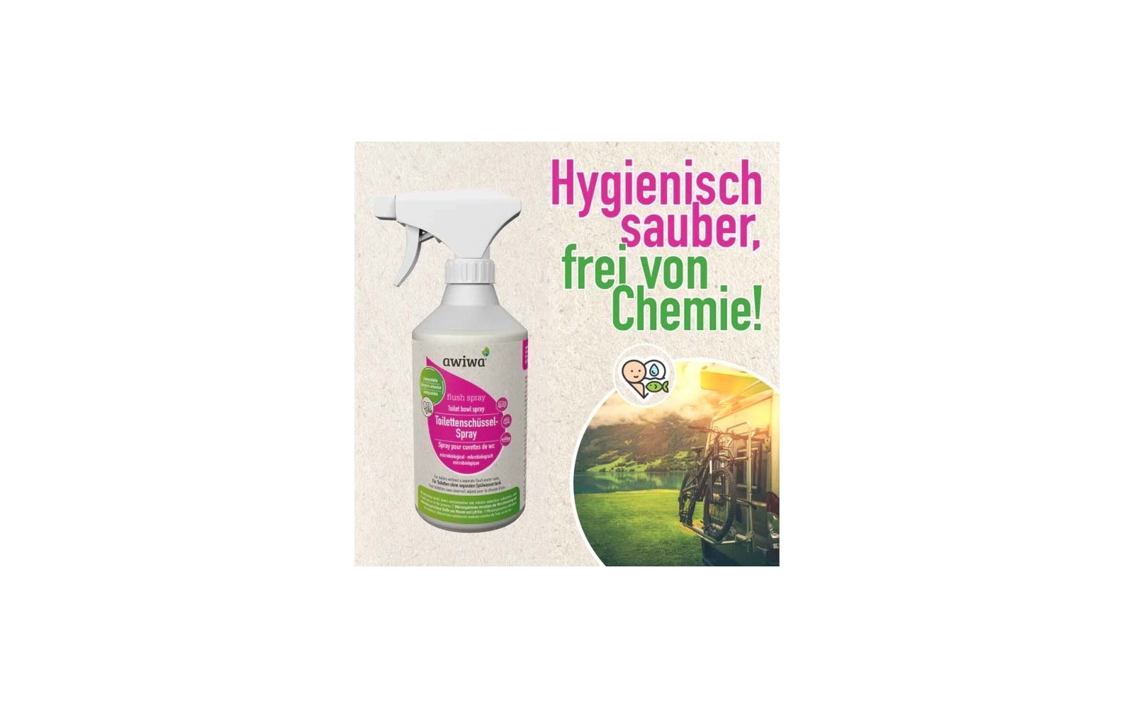 Weiße Sprühflasche mit pink-grünem Etikett und Markenname 'awiwa' links; großer Schriftzug 'Hygienisch sauber, frei von Chemie!' oben rechts; rundes Foto mit Fahrrädern in sonniger Landschaft und kleines rundes Icon mit lächelndem Gesicht; beiger str
