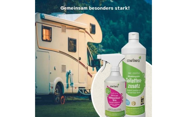 Reisemobil auf einer Wiese vor einem Wald; oben der Text "Gemeinsam besonders stark!"; im Vordergrund zwei Flaschen mit Marke "awiwa" und Aufschrift "Toiletten‑zusatz"