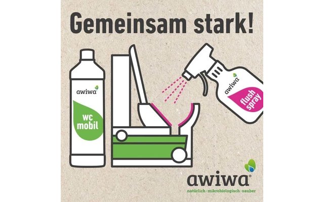 Grafik mit dem Schriftzug 'Gemeinsam stark!', links eine Flasche mit Aufschrift 'awiwa wc mobil', in der Mitte ein offenes WC, rechts eine Sprühflasche mit Beschriftung 'flush spray', die rosa Tropfen aufs WC sprüht, unten das 'awiwa' Logo und der Sl