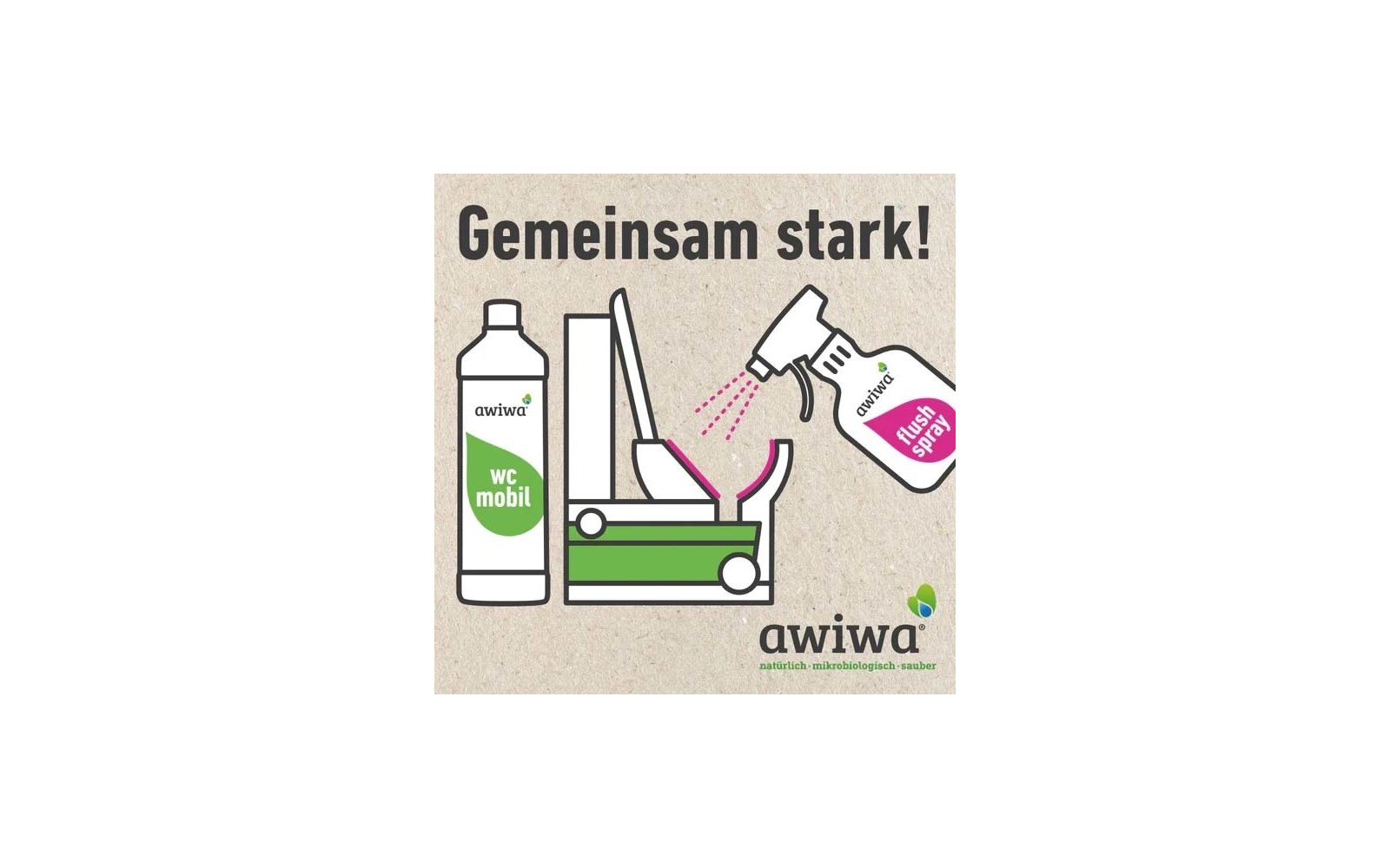 Grafik mit dem Schriftzug 'Gemeinsam stark!', links eine Flasche mit Aufschrift 'awiwa wc mobil', in der Mitte ein offenes WC, rechts eine Sprühflasche mit Beschriftung 'flush spray', die rosa Tropfen aufs WC sprüht, unten das 'awiwa' Logo und der Sl