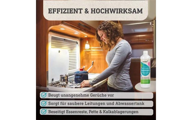 Frau rührt mit Kochlöffel in einem Topf auf einem Herd in einer Holz-Küchenzeile; oben Schriftzug 'EFFIZIENT & HOCHWIRKSAM'; rechts auf der Arbeitsfläche weiße Flasche mit grünem Etikett; unten drei Textzeilen mit Häkchen und deutschem Text
