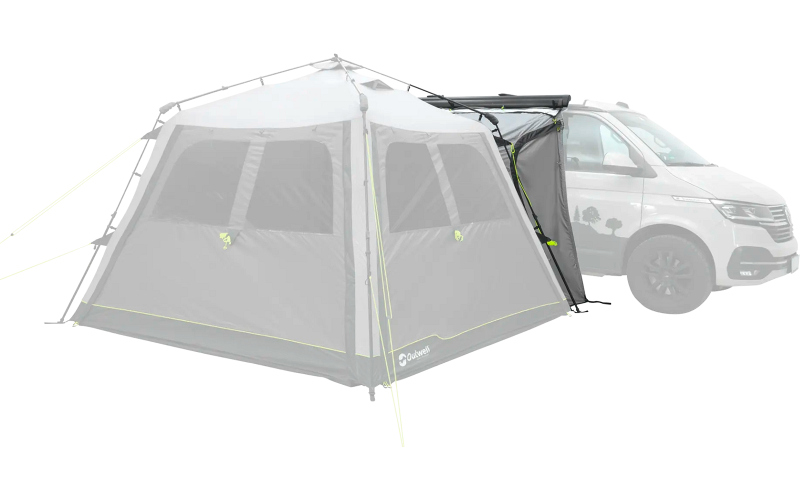 Graues Fahrzeug mit angebautem grauen Zelt im Freien