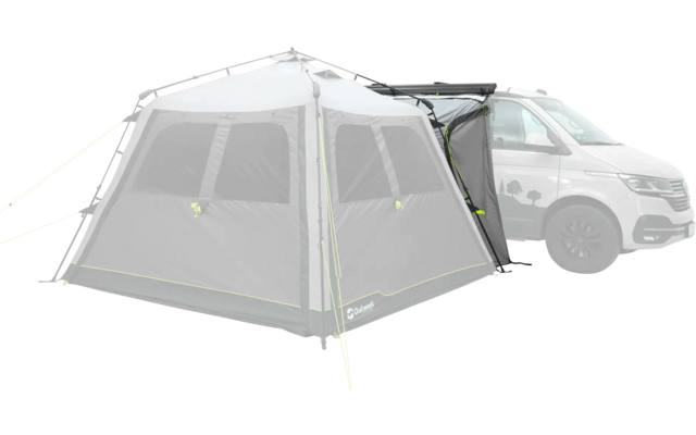 Graues Fahrzeug mit angebautem grauen Zelt im Freien
