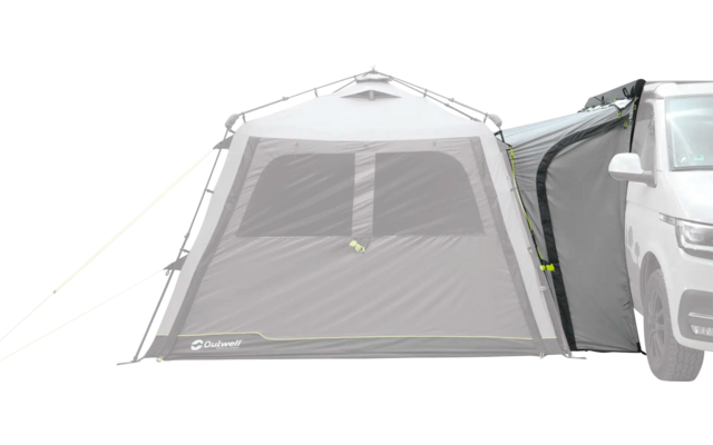 Ein graues Vorzelt, das an ein weißes Wohnmobil angebaut ist