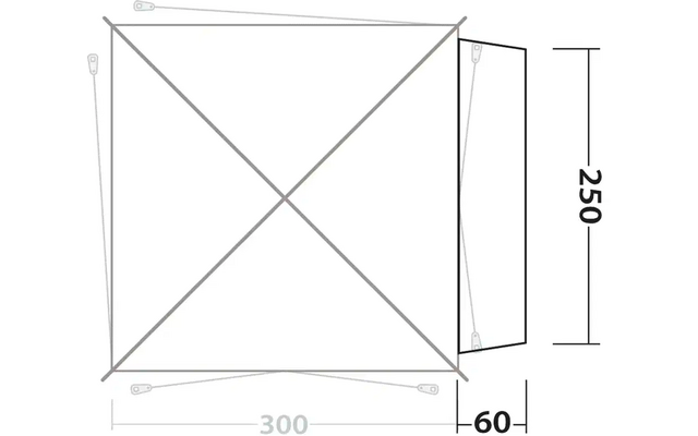 Technische Zeichnung eines rechteckigen Zelts mit Abmessungen 300 x 250 x 60 Zentimeter