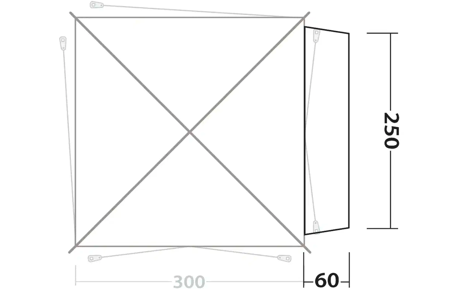 Technische Zeichnung eines rechteckigen Zelts mit Abmessungen 300 x 250 x 60 Zentimeter