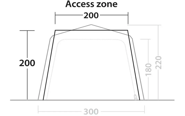 Technische Zeichnung eines rechteckigen Zeltes mit Beschriftungen der Maße 200 mal 200 und 300 mal 220 Zentimeter