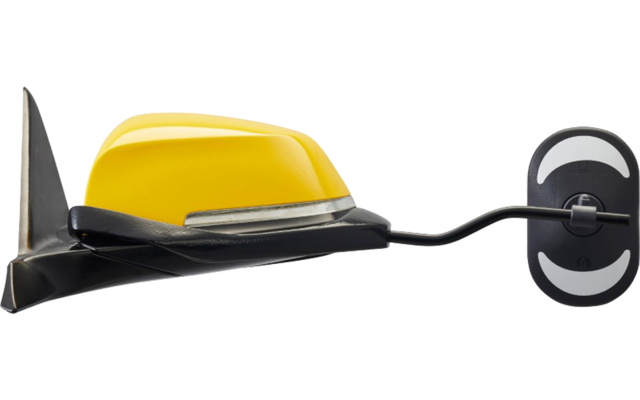 Gelber Helm mit schwarzem Anbauteil vorne und einem schwarzen Kabel, an dessen Ende ein ovales schwarzes Gerät mit zwei weißen Halbkreisen