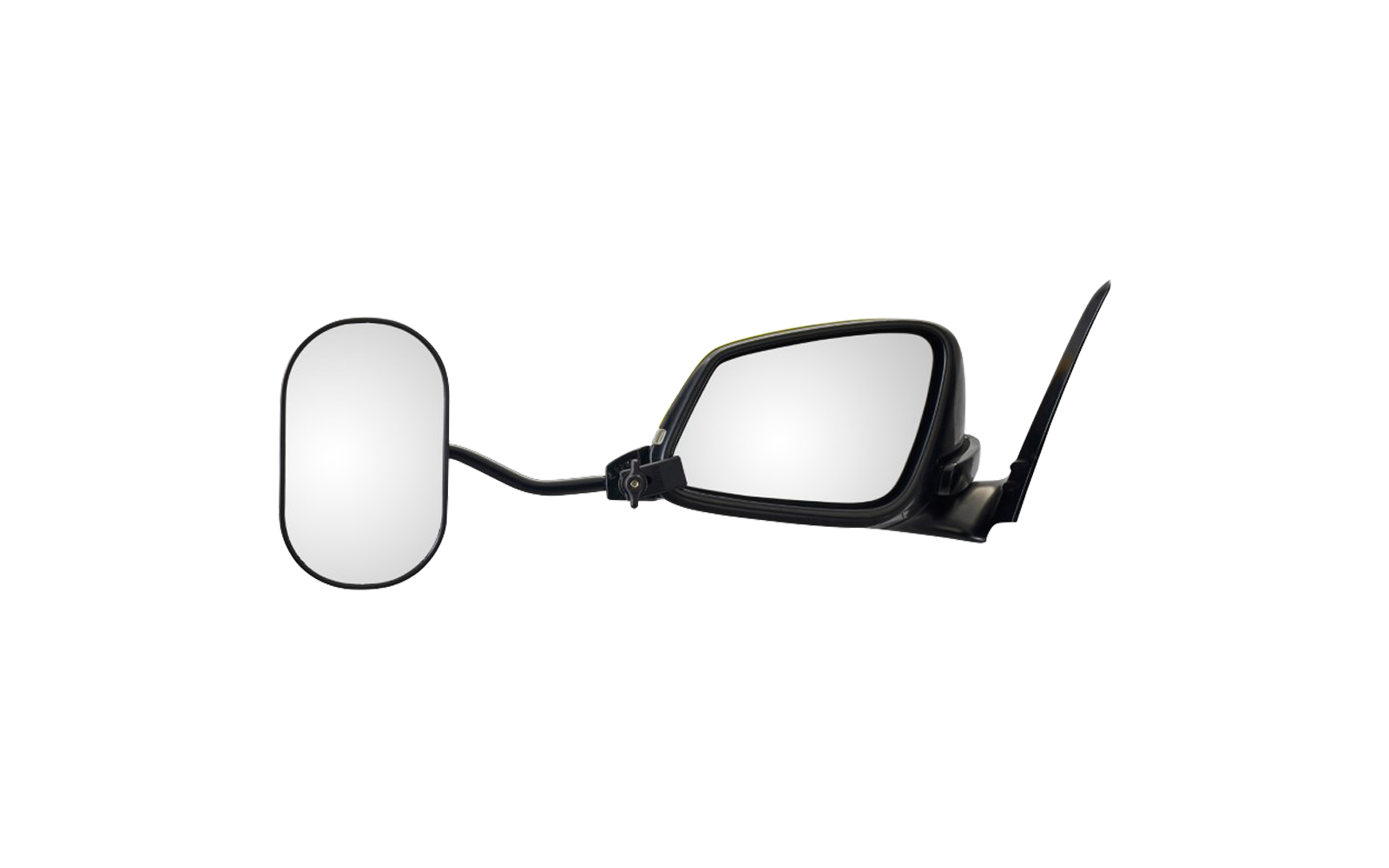 Zwei schwarze Außenspiegel vor weißem Hintergrund, links ovaler Spiegel mit dünnem Stiel, rechts größeres rechteckiges Gehäuse mit Halterung