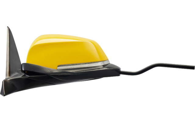 Gelbe haifischförmige Auto-Dachantenne auf schwarzer Halterung mit angeschlossenem Kabel auf weißem Hintergrund