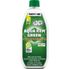Weiße Kunststoffflasche mit grünem Schraubverschluss und grünem Etikett, auf dem oben 'THETFORD' steht, darunter großer Text 'AQUA KEM GREEN CONCENTRATED' und mehrere Icons