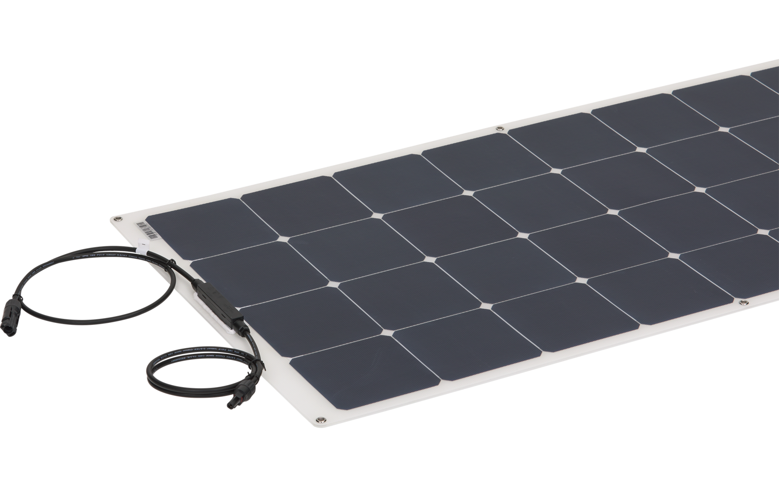 Ein rechteckiges Solarmodul mit schwarzen Solarzellen und zwei schwarzen Kabeln