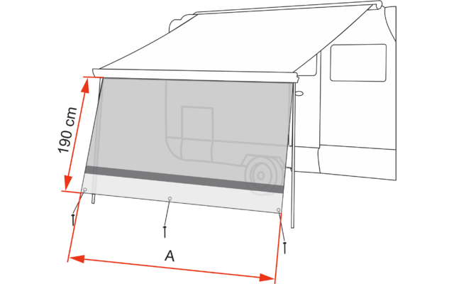 Skizze eines Wohnmobils mit ausgefahrener Markise und heruntergelassener Blende, befestigt an zwei Stangen und drei Heringen; links eine vertikale Maßangabe '190 cm', unten eine horizontale Maßlinie mit 'A'