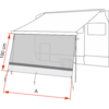 Skizze eines Wohnmobils mit ausgefahrener Markise und heruntergelassener Blende, befestigt an zwei Stangen und drei Heringen; links eine vertikale Maßangabe '190 cm', unten eine horizontale Maßlinie mit 'A'