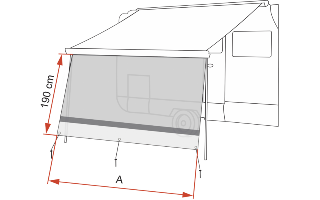 Skizze eines Wohnmobils mit ausgefahrener Markise und heruntergelassener Blende, befestigt an zwei Stangen und drei Heringen; links eine vertikale Maßangabe '190 cm', unten eine horizontale Maßlinie mit 'A'