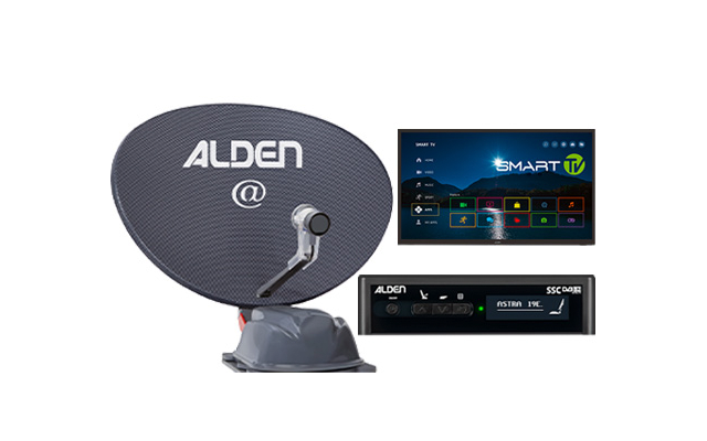Parabolschüssel mit Aufdruck 'ALDEN' und '@', LNB-Halterung, Empfängerbox mit Aufschrift 'ALDEN' und Display 'ASTRA 19E', Fernseherbild mit Smart-TV-Menü, App-Symbolen und 'SMART TV'-Logo