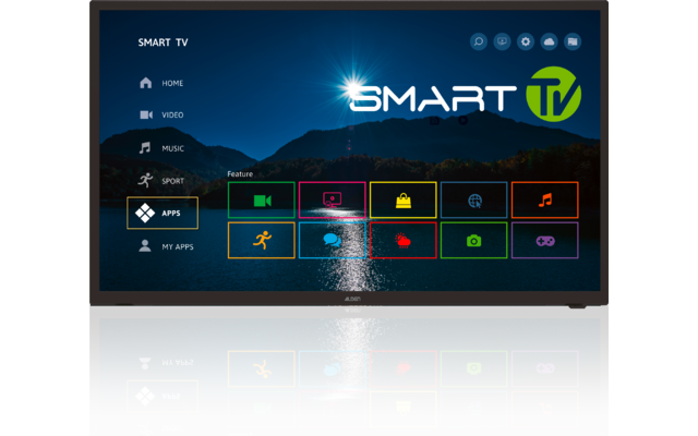 Fernseherbild mit Schriftzug 'SMART TV', linke Menüleiste mit Symbolen und Bezeichnungen (Home, Video, Music, Sport, Apps, My Apps), farbige App-Kacheln, See- und Bergsilhouette mit hellem Licht und Reflexion, gespiegeltes Bild unten