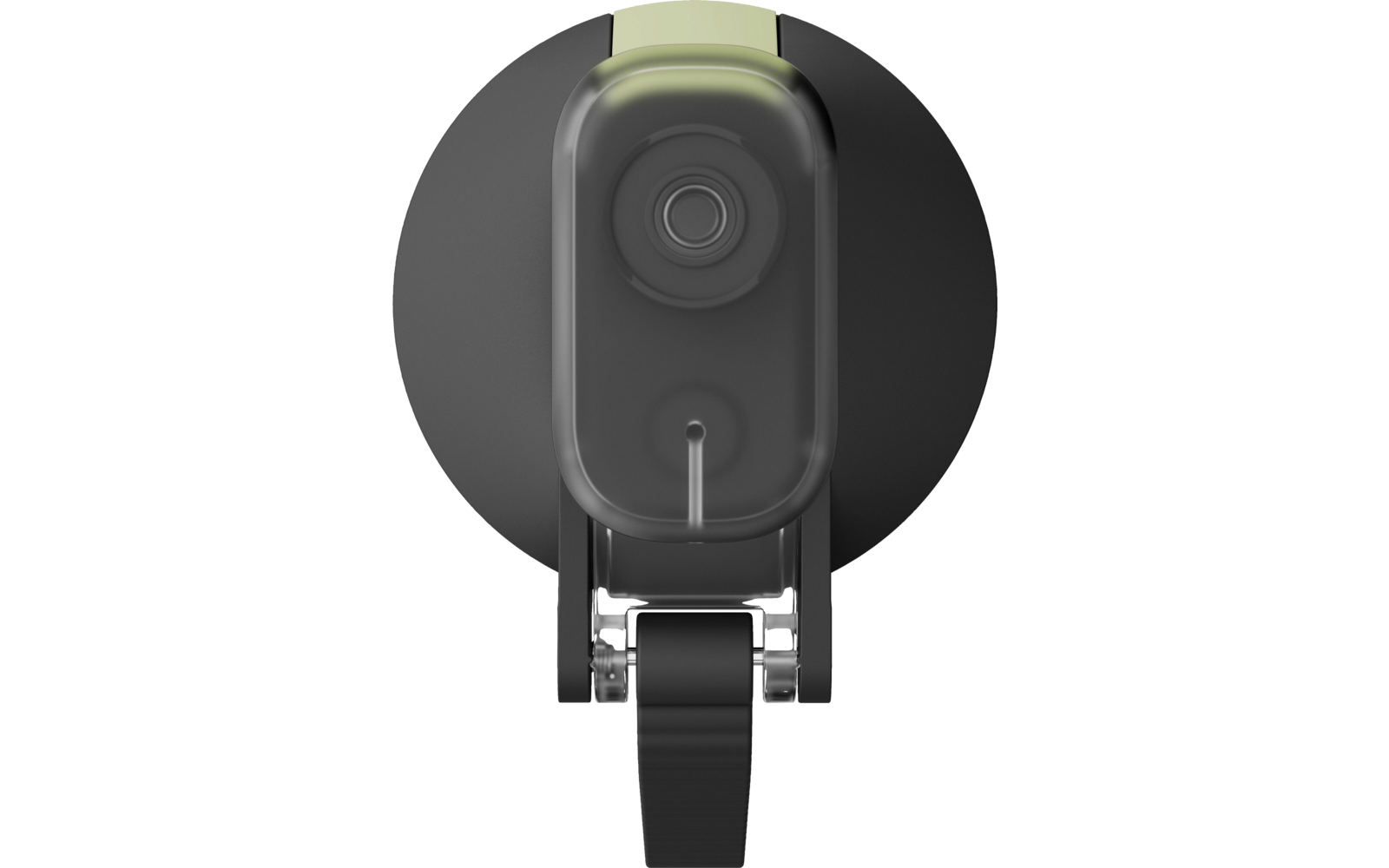 Disque noir rond avec un boîtier ovale foncé dessus, un élément circulaire central, un onglet en plastique vert clair en haut et une charnière métallique avec une sangle noire en bas