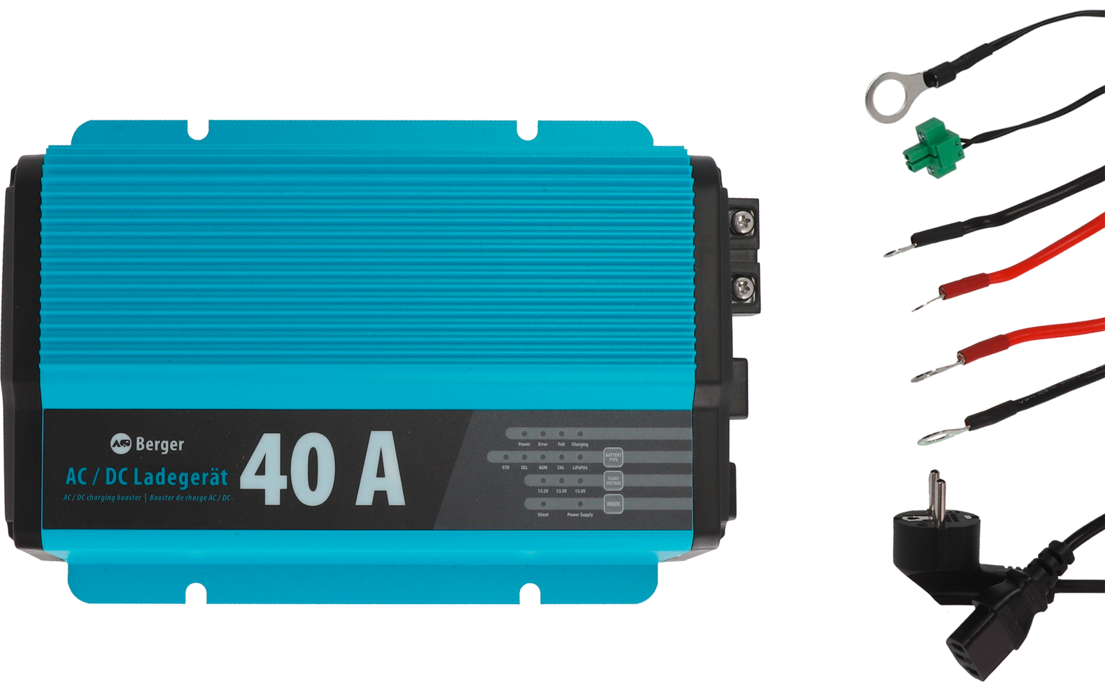 Blauer Wechselrichter mit der Aufschrift '40 A' und mehreren Kabeln mit Steckverbindungen