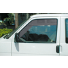 White van front side, driver’s window with upper slatted cover, side mirror and steering wheel visible; background: building and shrubs