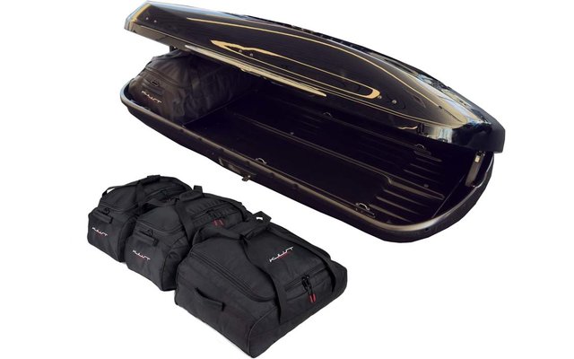 Offener glänzender schwarzer Dachkoffer, davor vier schwarze Reisetaschen auf weißem Hintergrund