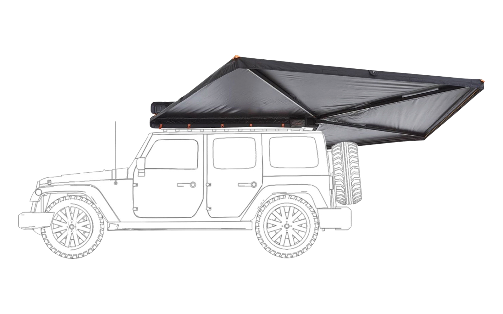 Strichzeichnung eines Geländewagens in Seitenansicht mit vier Türen, hinten montiertem Ersatzrad und einer vom Dach ausgeklappten Markise