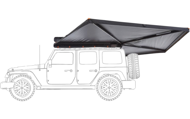 Strichzeichnung eines Geländewagens in Seitenansicht mit vier Türen, hinten montiertem Ersatzrad und einer vom Dach ausgeklappten Markise