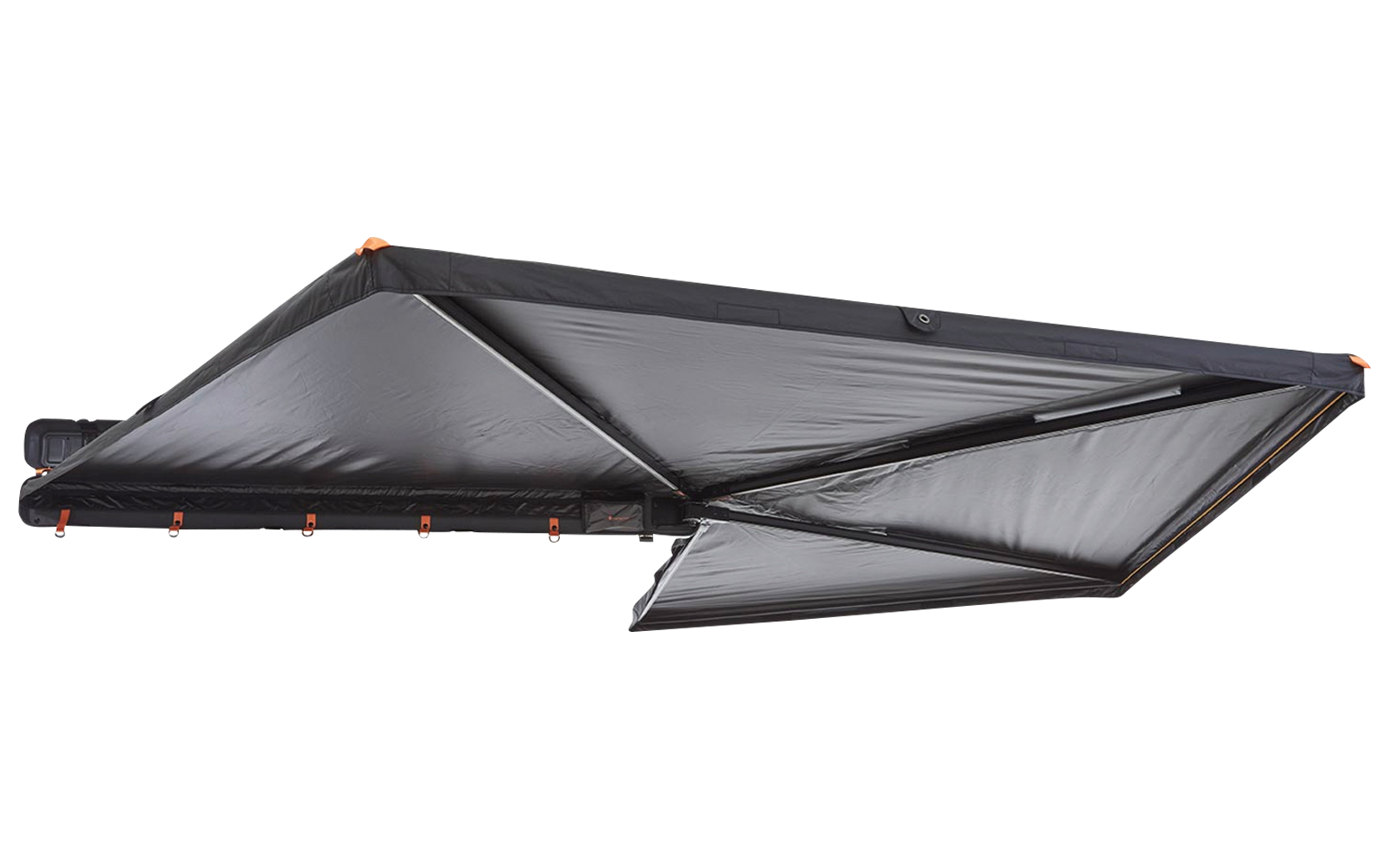 Ausgeklapptes graues Tuch in drei dreieckigen Segmenten, sichtbares schwarzes Gestänge, orangefarbene Endkappen und kleine Leuchten entlang der Vorderkante