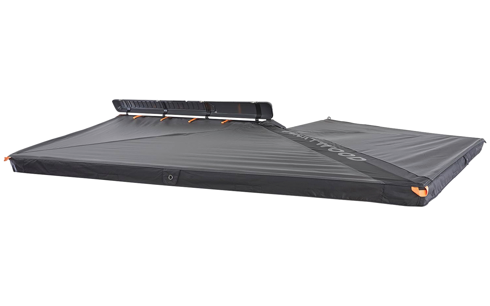 Flache, rechteckige schwarze Hülle mit abgenähten Kanten, orangefarbene Schlaufen an den Ecken und eine lange schwarze Leiste mit integrierter Lichtleiste