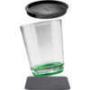 Tilted glass with green bottom, black coaster and matching black lid above
