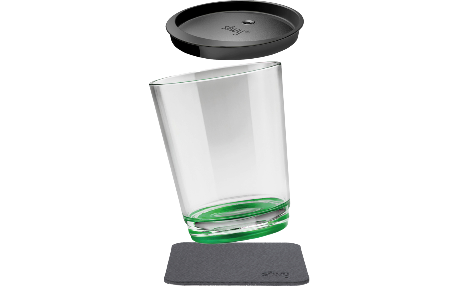 Tilted glass with green bottom, black coaster and matching black lid above