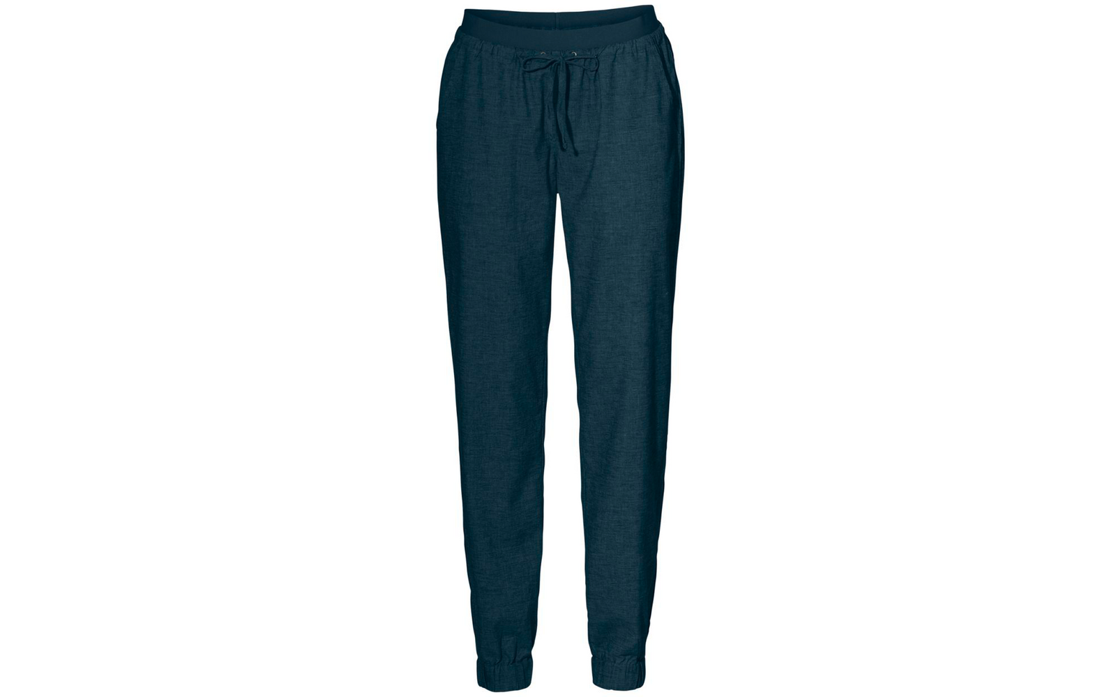 Dark blue jogger pants with drawstring, elastic waistband and cuffs, side pockets, isolated on white background