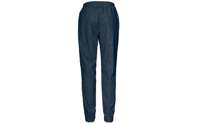 Dark blue fabric pants with elastic waistband, elastic ankle cuffs, right-side zip pocket and straight cut