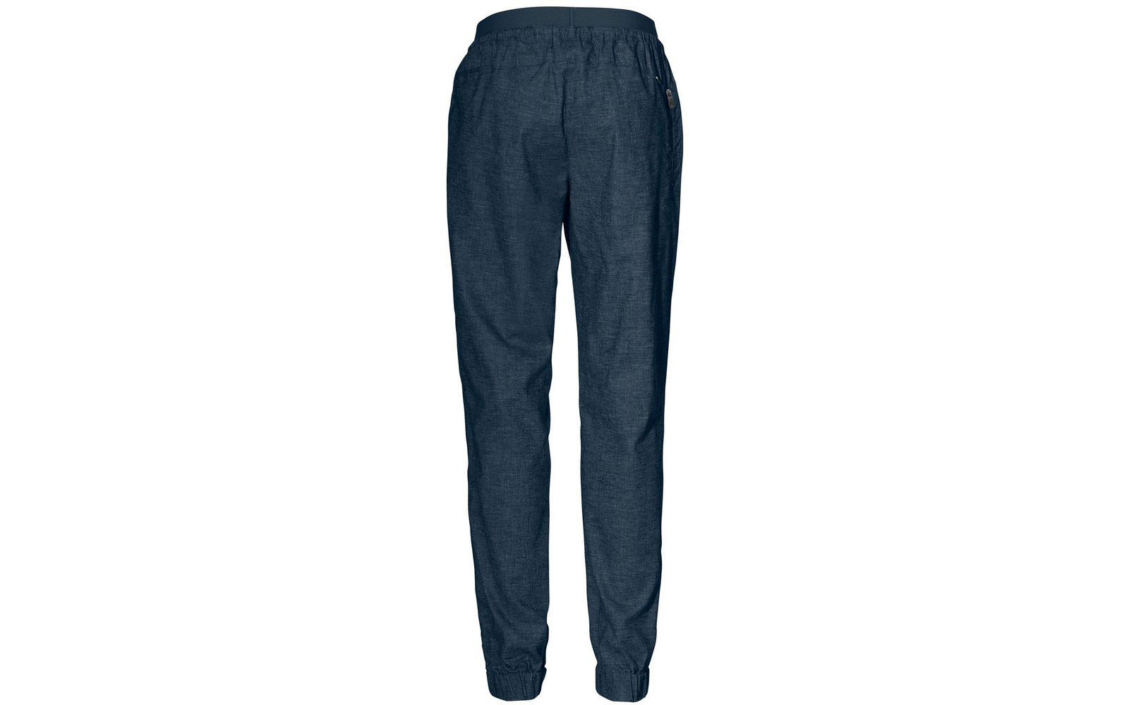 Dark blue fabric pants with elastic waistband, elastic ankle cuffs, right-side zip pocket and straight cut