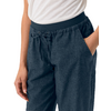 White top, dark blue fabric pants with elastic waistband, drawstring and side pockets; one hand in a pocket, one hand at the side