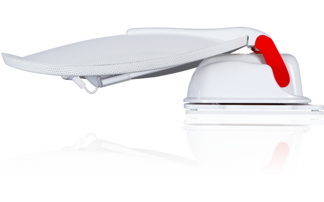 Weißes, zusammenklappbares Objekt mit langer, gelochter Platte, rundem Sockel und roten Griffteilen auf weißem Hintergrund