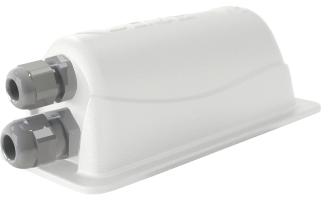 Boîtier en plastique blanc à dessus arrondi, deux presse-étoupes gris à une extrémité, base plate avec languette de fixation