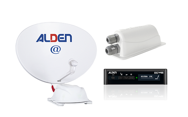 Piatto satellitare bianco con logo ALDEN blu-rosso e simbolo '@', accanto a un modulo LNB bianco a due uscite e un apparecchio di controllo nero con due piccoli display e pulsanti