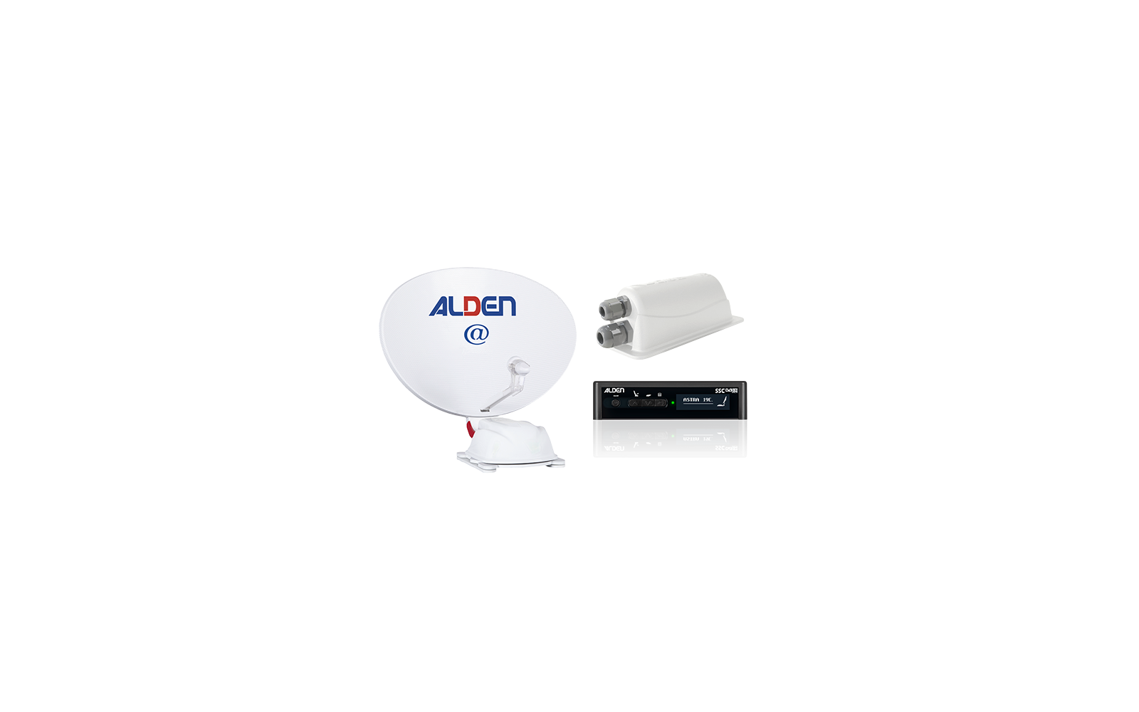 Piatto satellitare bianco con logo ALDEN blu-rosso e simbolo '@', accanto a un modulo LNB bianco a due uscite e un apparecchio di controllo nero con due piccoli display e pulsanti