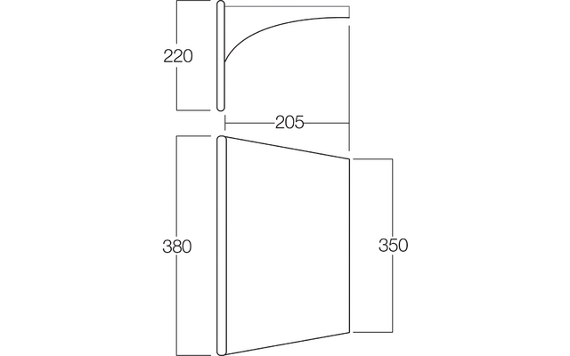 Technische Zeichnung eines aufklappbaren Objekts mit Maßen in Millimetern