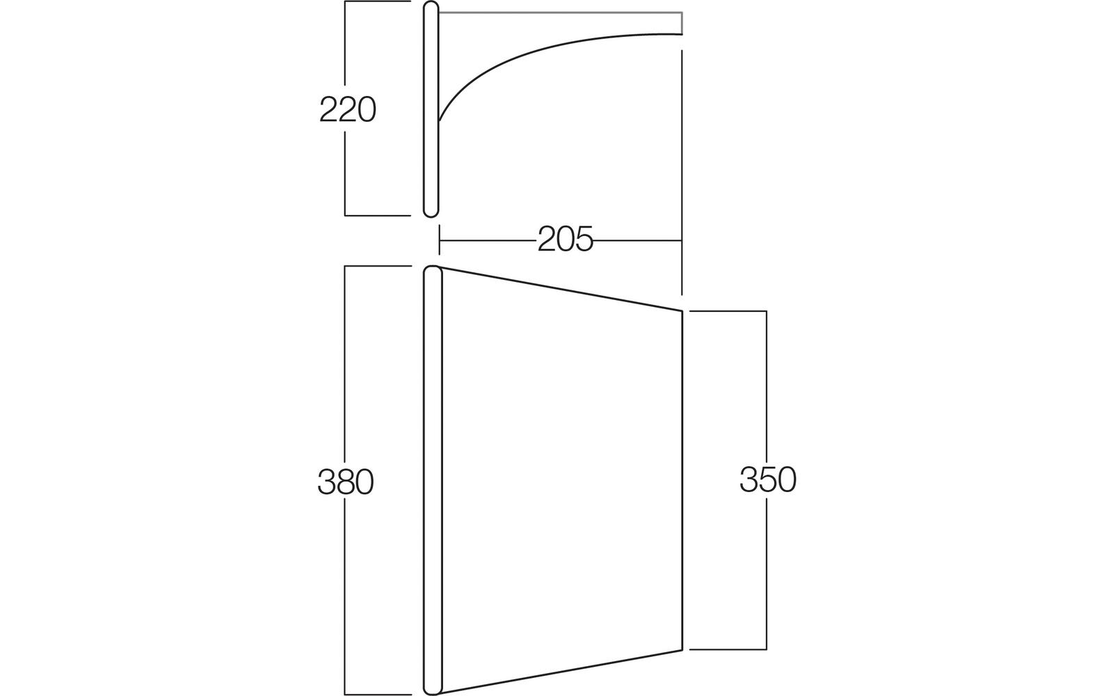 Technische Zeichnung eines aufklappbaren Objekts mit Maßen in Millimetern