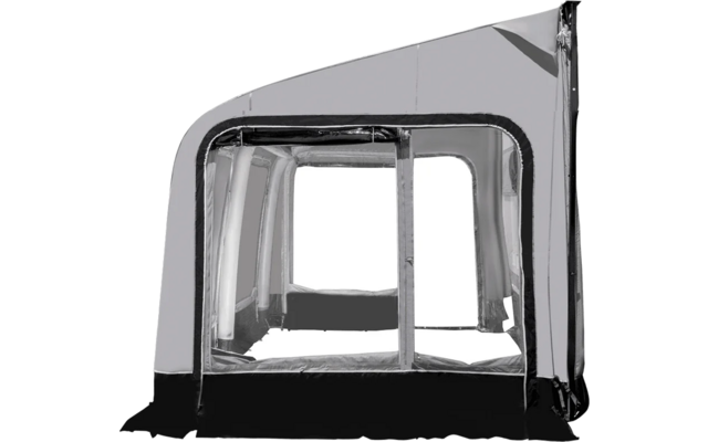 Graue textile Struktur mit großen transparenten Fensterflächen, schwarzer Saum und rechteckige Frontöffnung auf weißem Hintergrund