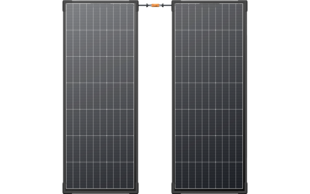 Zwei nebeneinander stehende Solarmodule mit Verbindungskabel oben